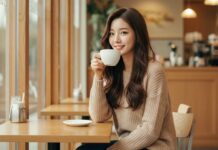 커피숍에서 커피를 마시고 있는 아름다운 20대 한국인 여성