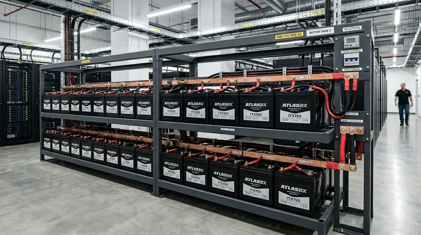 Industrial battery bank in rack