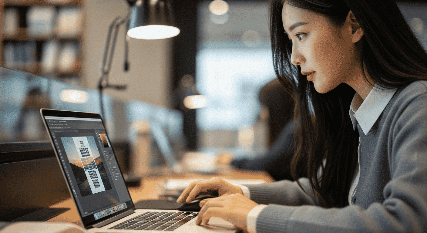 Adobe 포토샵 사용중인 한국인 아름다운 여자 대학생2