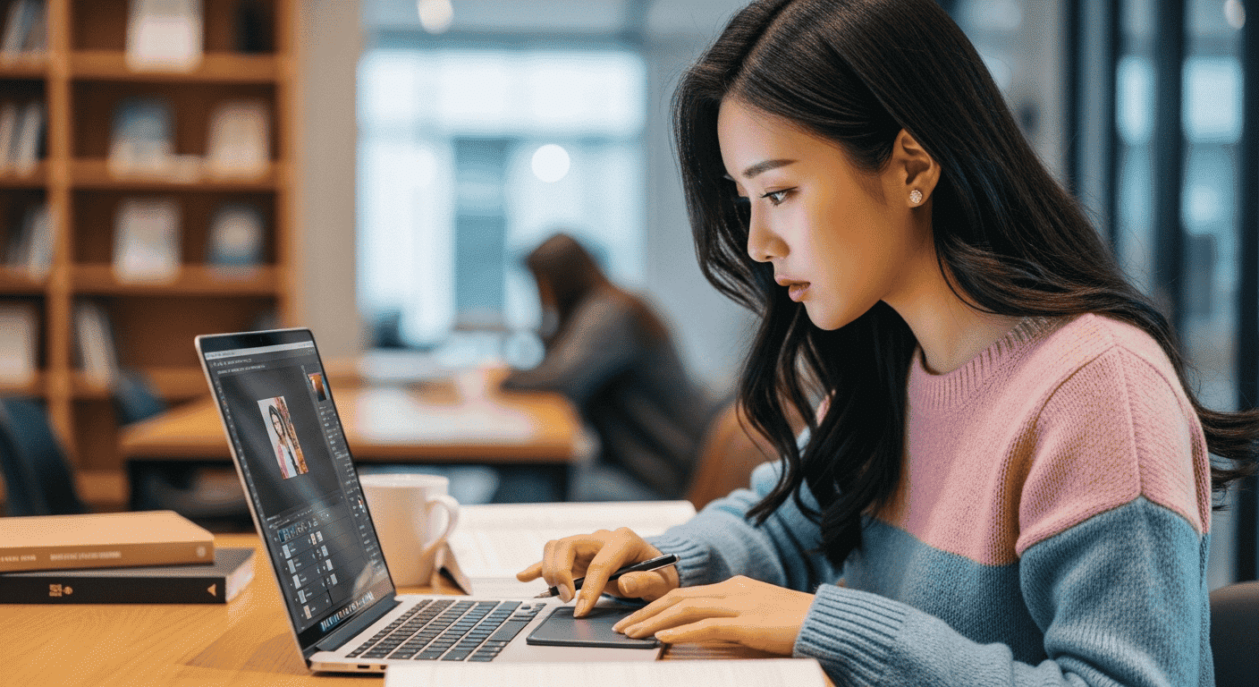 Adobe 포토샵 사용중인 한국인 아름다운 여자 대학생3