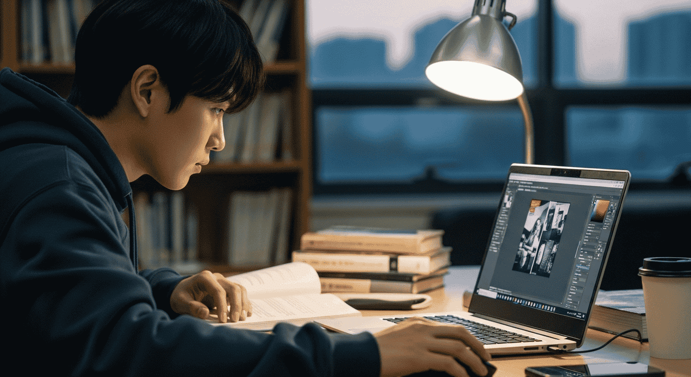 Adobe 포토샵 사용중인 한국인 아름다운 여자 대학생4