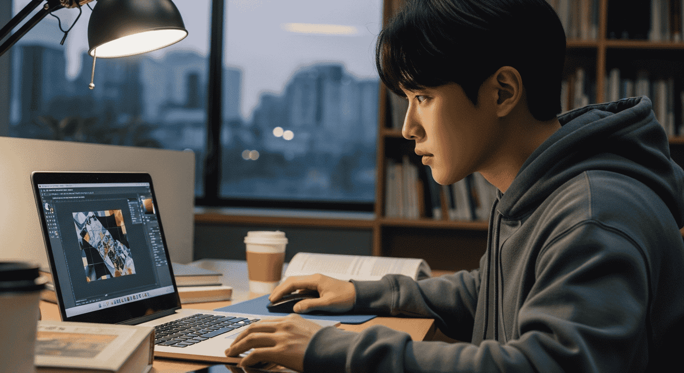 Adobe 포토샵 사용중인 한국인 아름다운 여자 대학생5