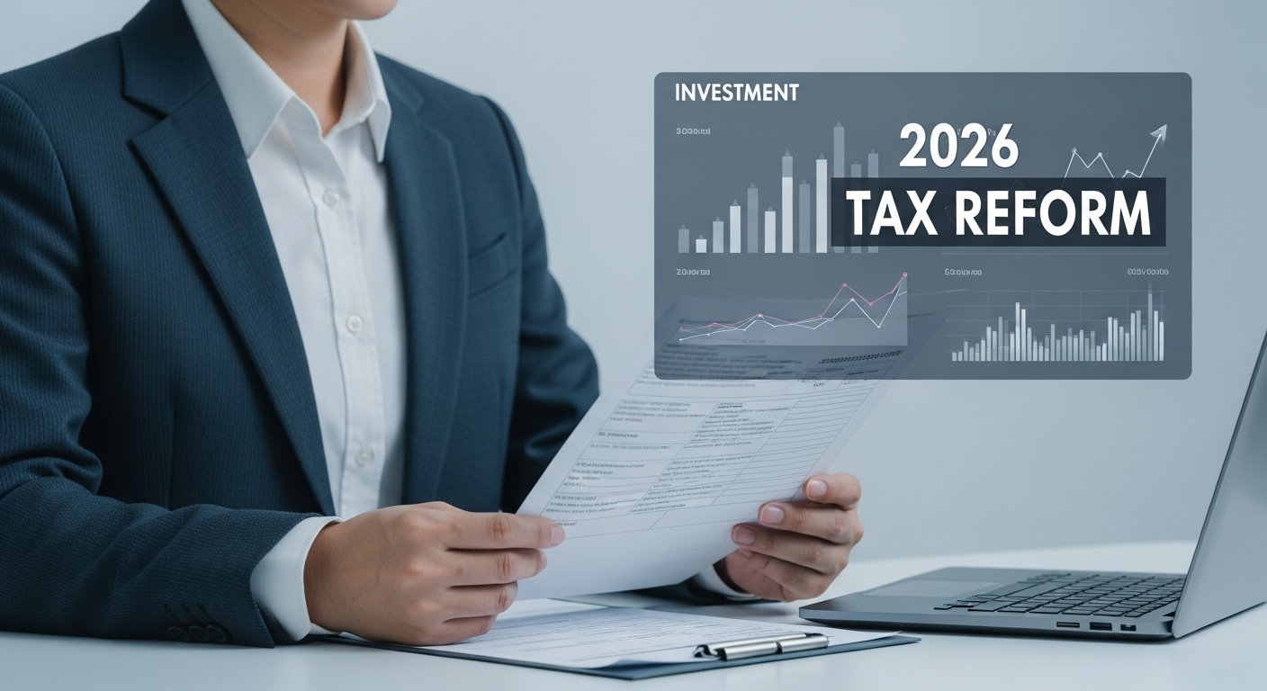 2026년 세금 개편에 대비하는 투자자가 절세 전략을 모색하는 모습, 차분하고 전문적인 분위기