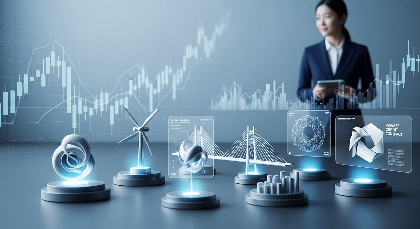 2025년 주식과 부동산 외 새로운 투자 기회를 상징하는 다채로운 대체 투자 자산들