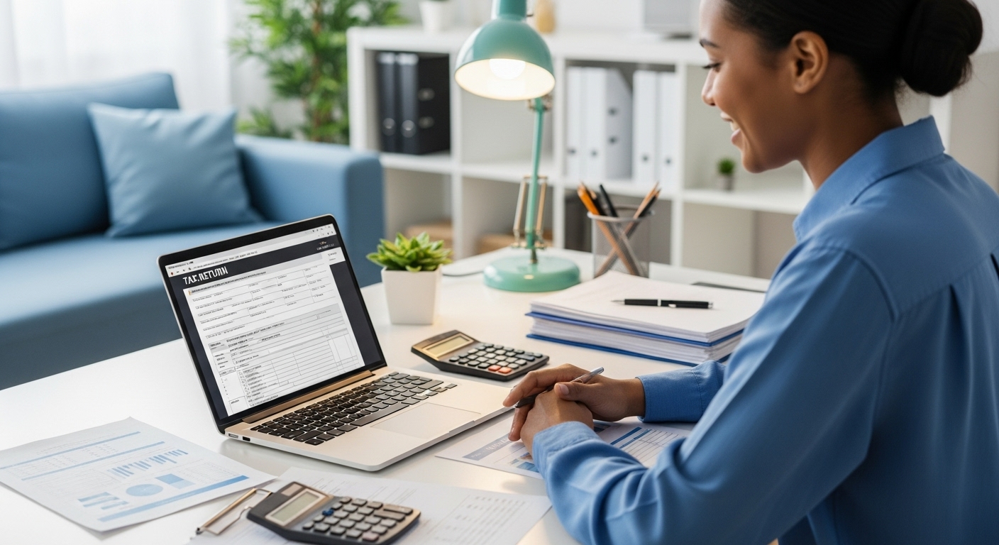 웃는 얼굴로 노트북을 보며 연말정산을 준비하는 사람, 절세 성공을 암시하는 밝고 희망찬 분위기