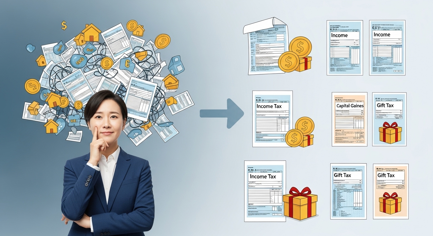 세금 용어에 혼란스러워하다가 명확하게 이해하게 되는 과정을 보여주는 이미지, 소득세, 양도세, 증여세 개념 정리를 상징합니다.