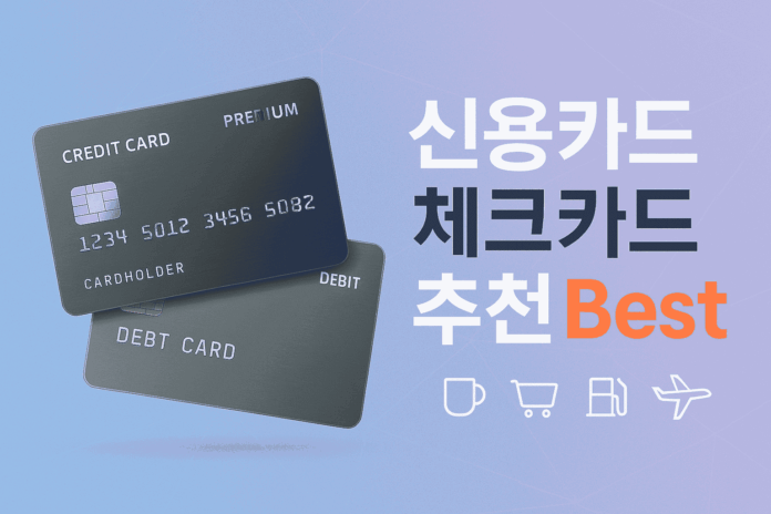 신용카드와 체크카드가 겹쳐진 이미지로, 카드 정보가 포함되어 있음.