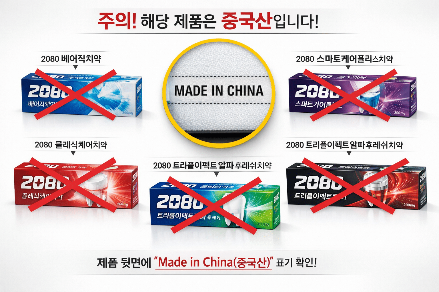 Detailed landscape infographic (1536x1024) showing six 2080 toothpaste product boxes arranged in two rows with Korean product names clearly 