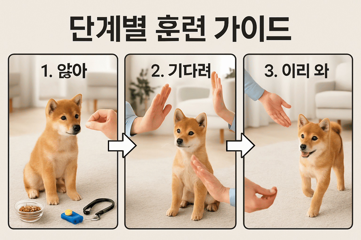 Landscape image (1536x1024) depicting step-by-step puppy training sequence: sit,