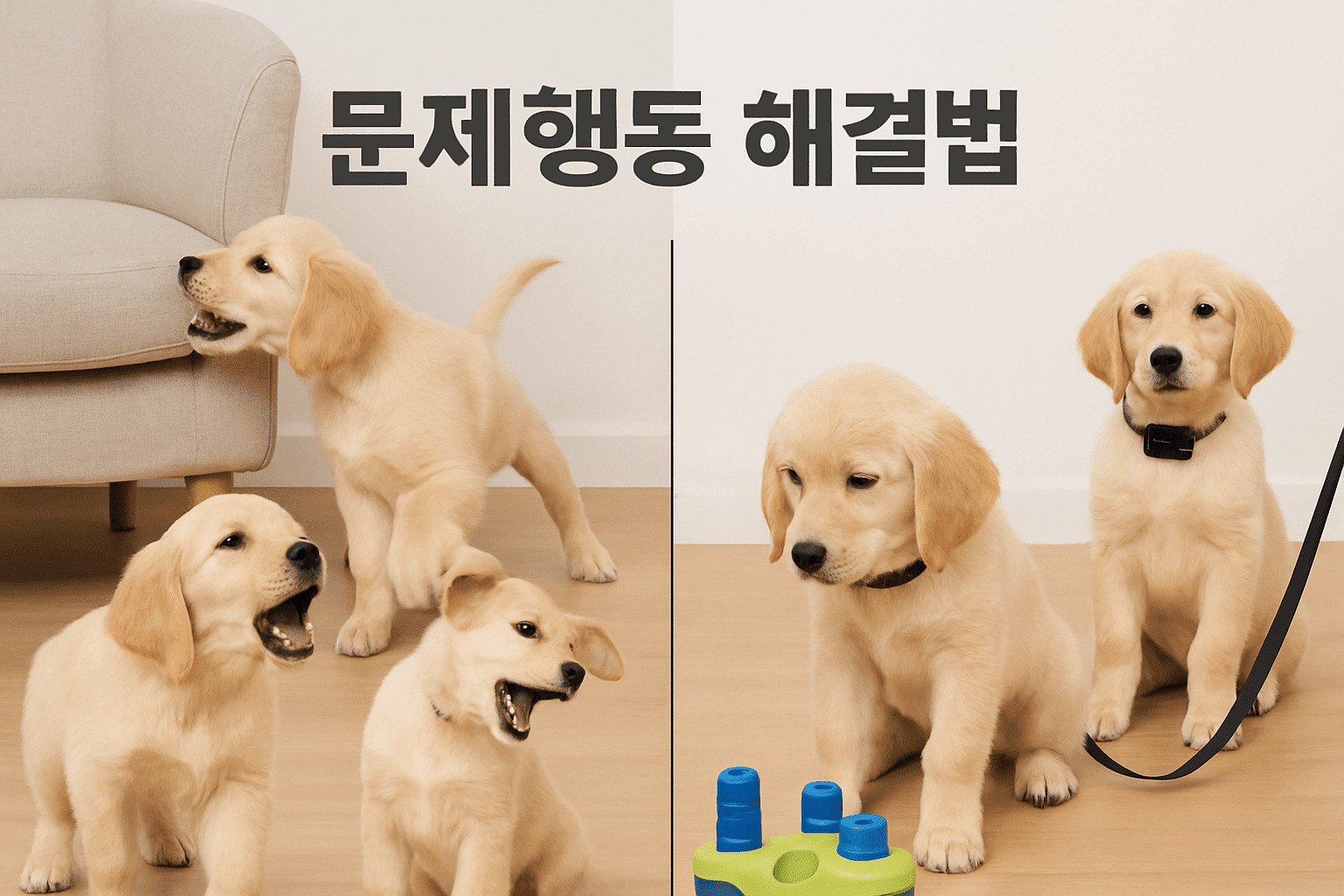 Landscape image (1536x1024) showing common puppy behavioral problems and solutio
