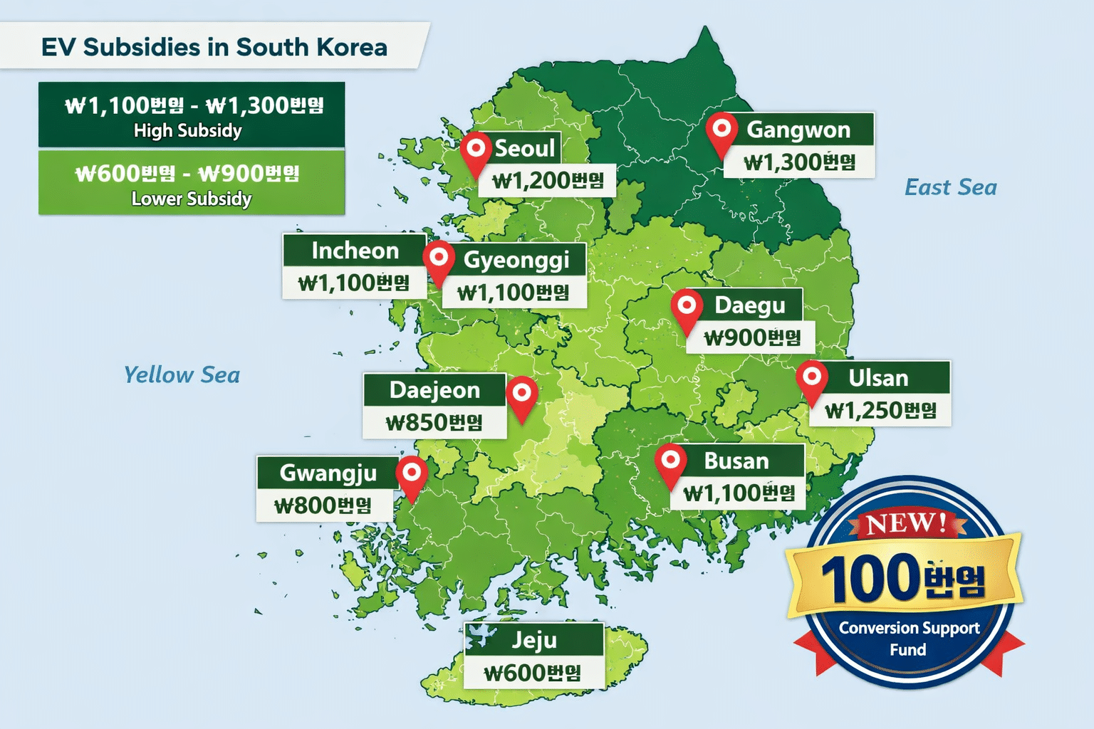 Detailed map of South Korea showing regional electric vehicle subsidy amounts by province and major cities, with color-coded regions (dark g