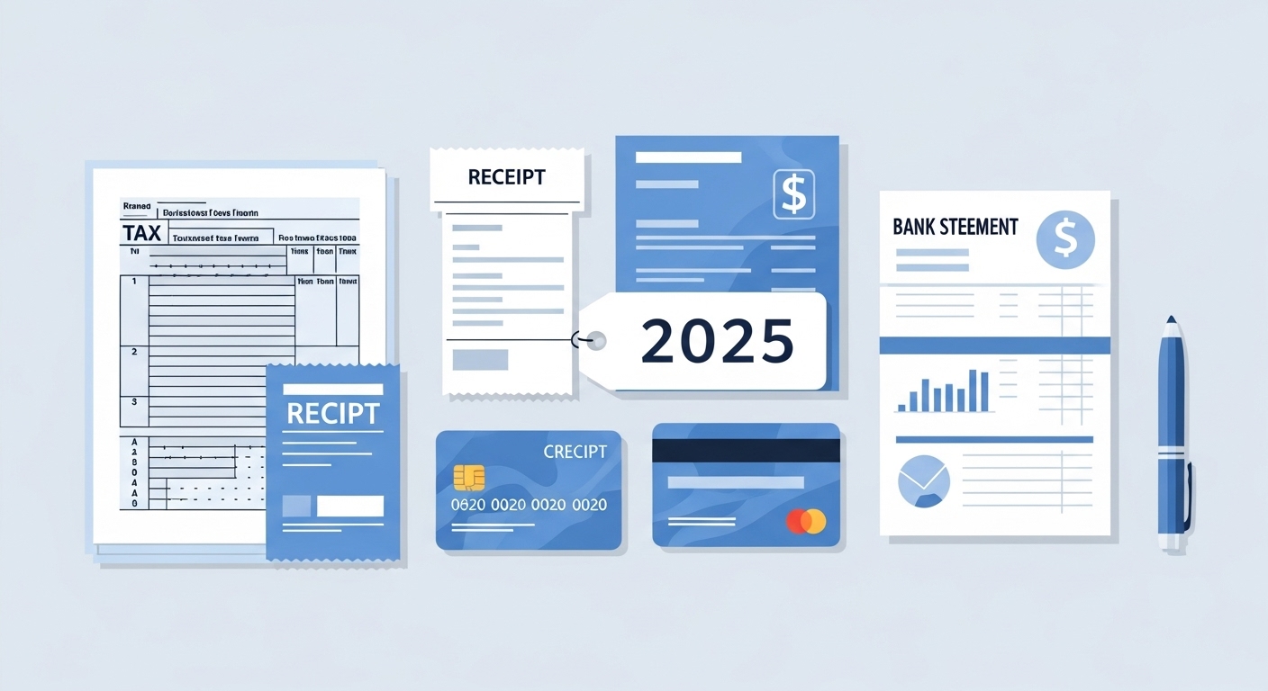 2025년 연말정산을 위한 세금 서류, 영수증, 신용카드 명세서 등이 깔끔하게 정리된 모습