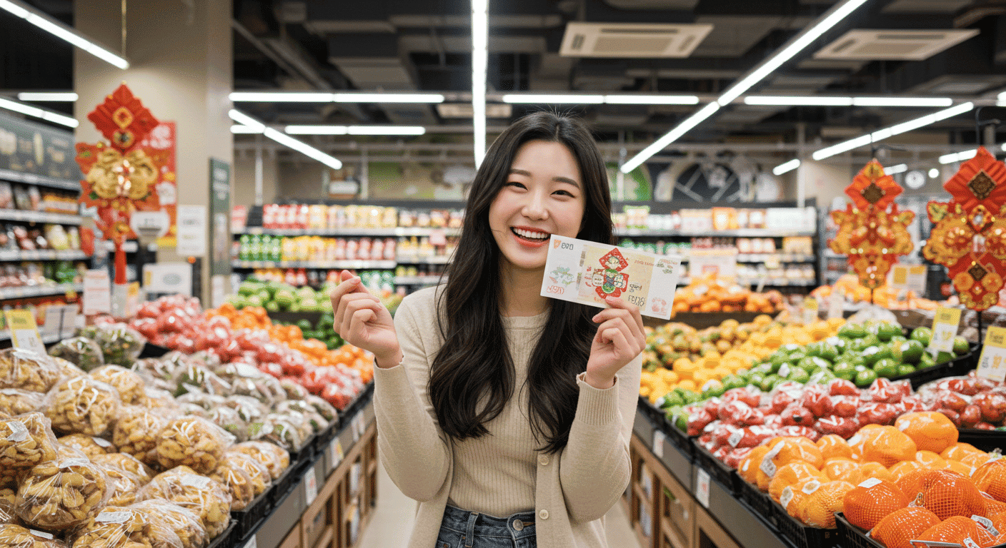 마트에서 경기도 추석지원금 받고 행복해하는 20대 한국여성