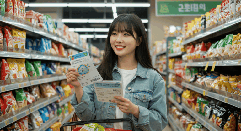 민생회복소비쿠폰을 받고 마트에서 좋아하는 20대 한국인 여성1