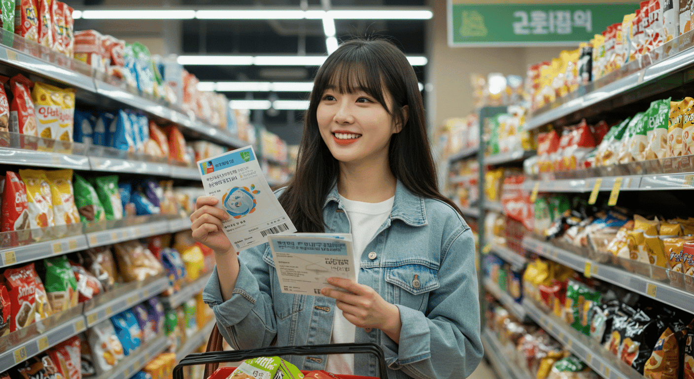 민생회복소비쿠폰을 받고 마트에서 좋아하는 20대 한국인 여성1