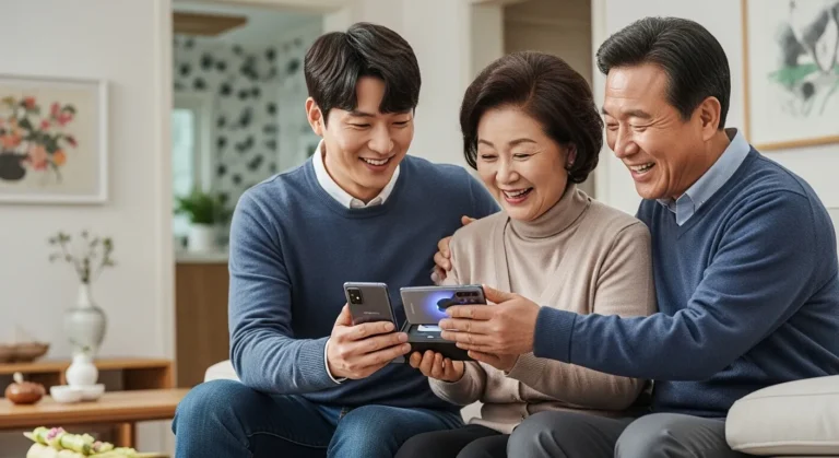 부모님께 삼성 스마트폰을선물로 드리는 20대 자녀의 모습과 행복해하는 한국인 부모님