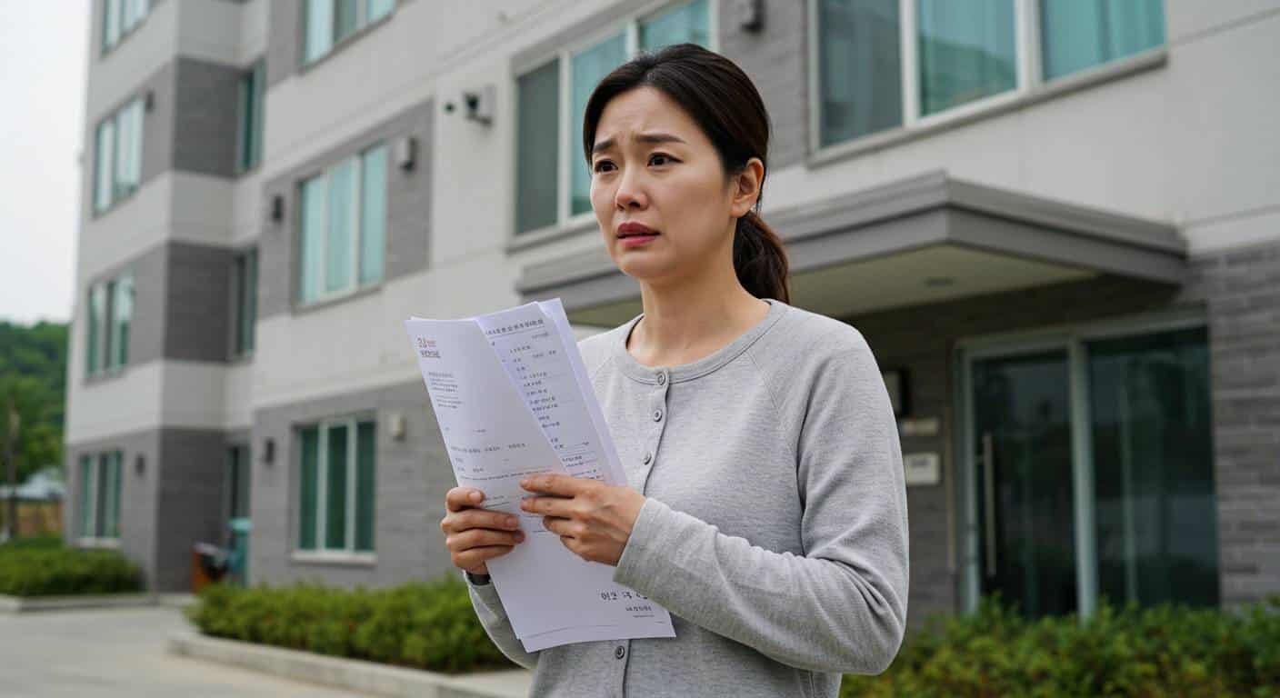 아파트 앞에서 서류를 들고 고민하고 있는 한국인 주부의 모습1