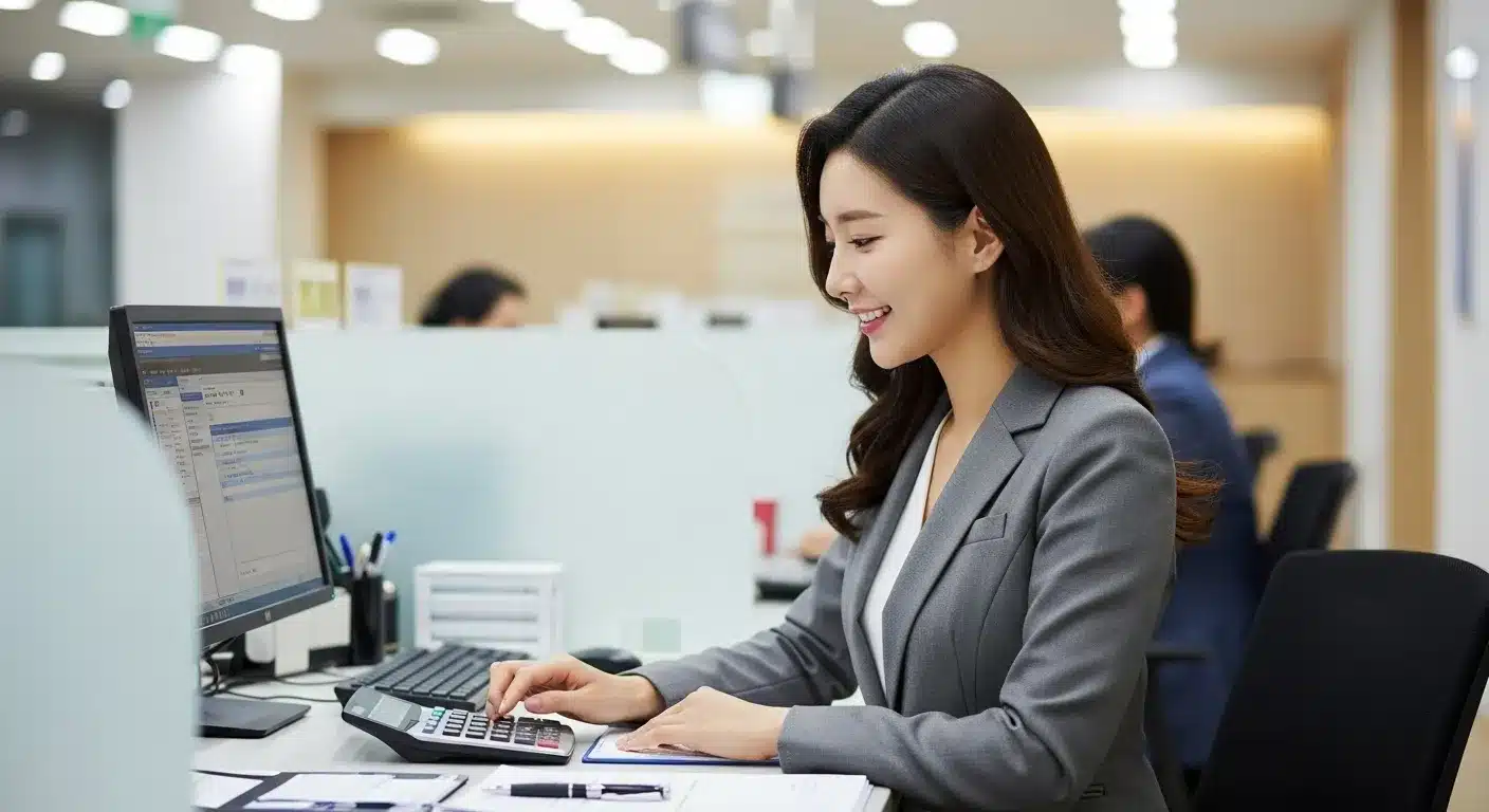 은행에서 ELB ELS 중도상환 수수료 계산해주고 있는 20대 아름다운 한국인 직장인 여성2