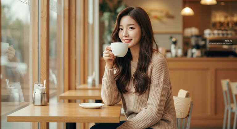 커피숍에서 커피를 마시고 있는 아름다운 20대 한국인 여성