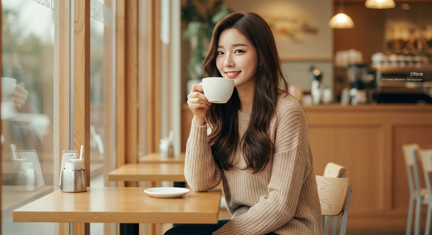 커피숍에서 커피를 마시고 있는 아름다운 20대 한국인 여성