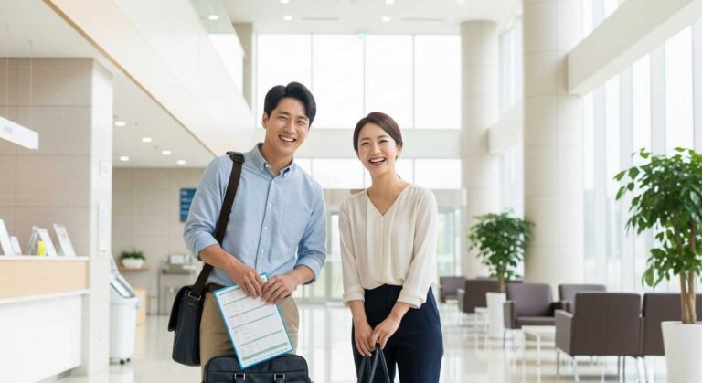 현대적인 병원 로비에서 밝은 미소를 지은 30대 한국인 남녀가 건강검진 체크리스트를 들고 가방을 확인하는 장면