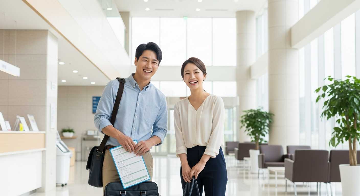 현대적인 병원 로비에서 밝은 미소를 지은 30대 한국인 남녀가 건강검진 체크리스트를 들고 가방을 확인하는 장면