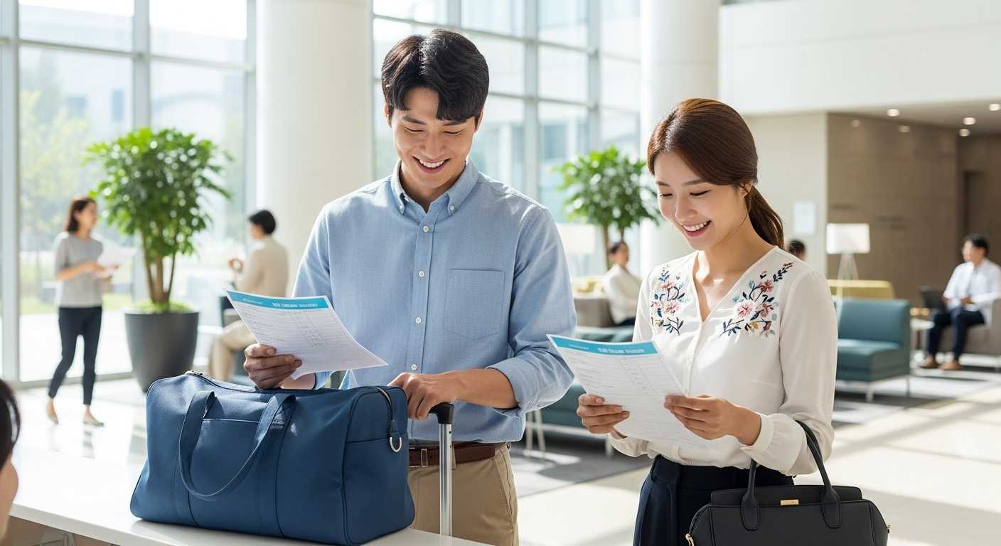 현대적인 병원 로비에서 밝은 미소를 지은 30대 한국인 남녀가 건강검진 체크리스트를 들고 가방을 확인하는 장면3