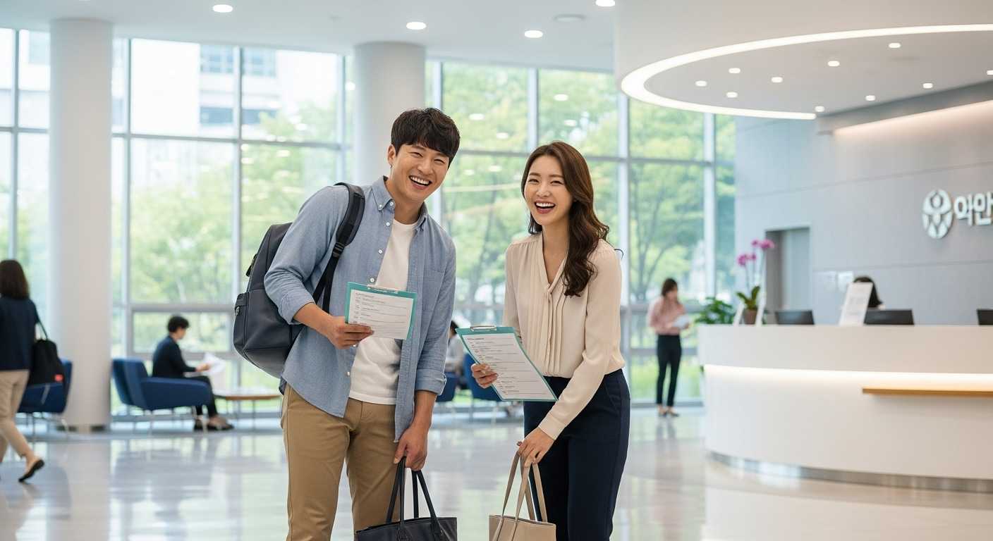 현대적인 병원 로비에서 밝은 미소를 지은 30대 한국인 남녀가 건강검진 체크리스트를 들고 가방을 확인하는 장면4